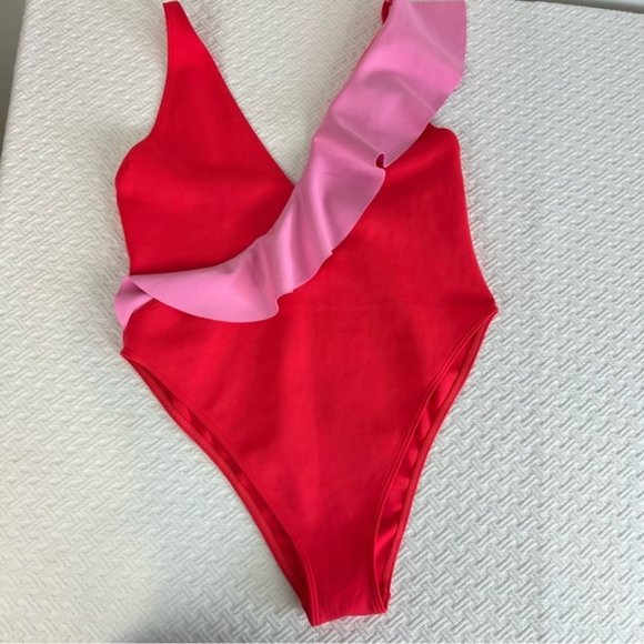 Asos river island frill assymetric swimsuit in neon barbie pink and coral - Picture 7 of 16